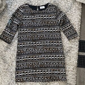 Everly Black, White, and Gold‎ Patterned Long Sleeve Dress